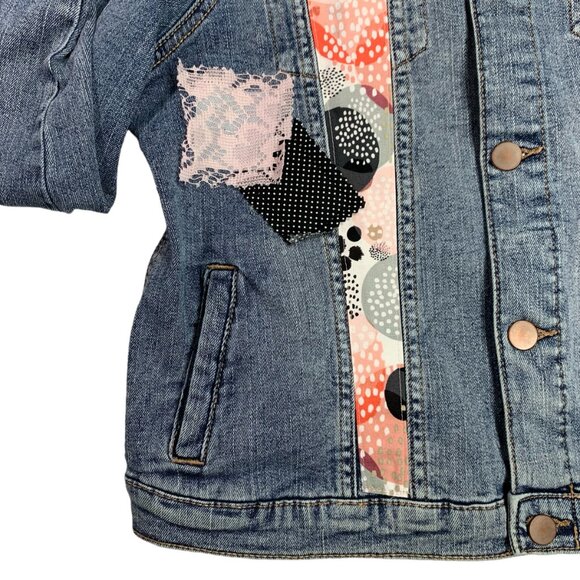 Wonder Nation Denim Jacket Pink Black Lace Polka Dot Pearl Heart Trucker XXL - Picture 5 of 13